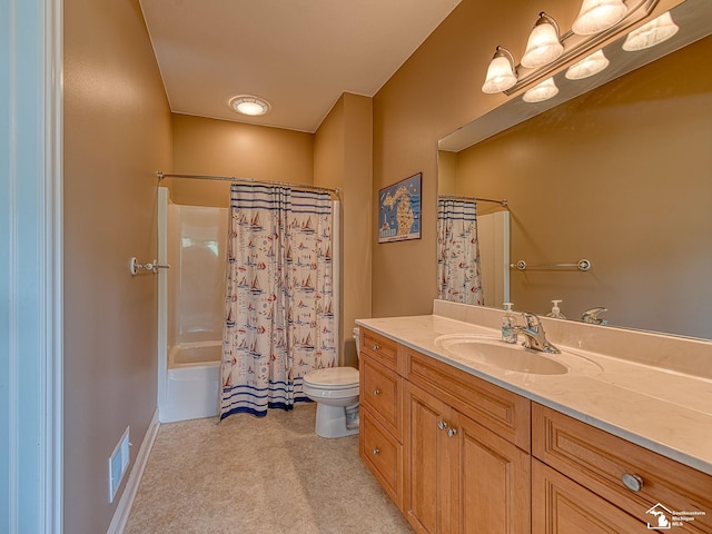 full bathroom with vanity, toilet, and shower / tub combo with curtain