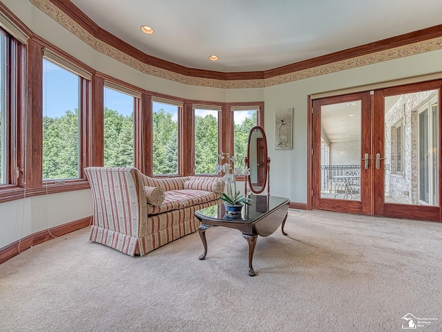 carpeted living room featuring french doors and ornamental molding