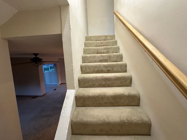 stairs with carpet, vaulted ceiling, and ceiling fan