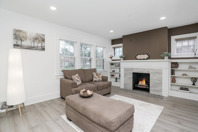 living room with light wood-type flooring and a premium fireplace