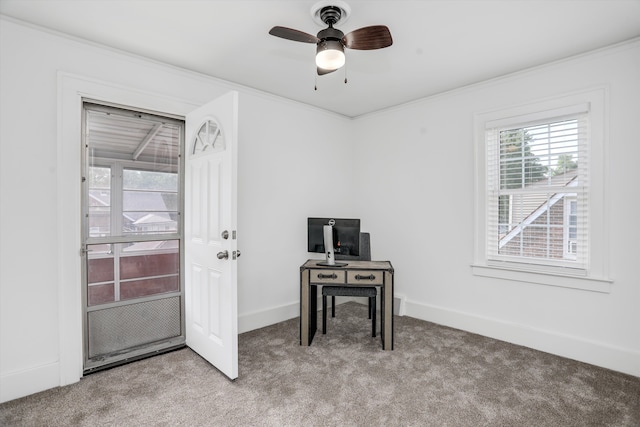 office space featuring ceiling fan, crown molding, and light carpet