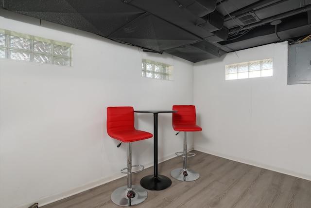 basement featuring plenty of natural light, wood-type flooring, and electric panel