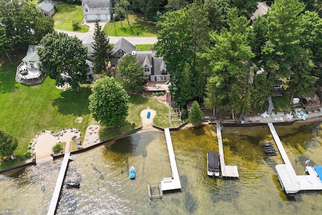 drone / aerial view featuring a water view