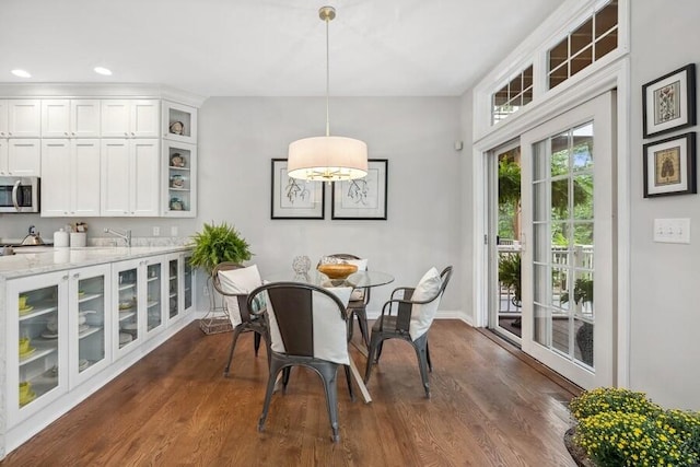 dining space with sink and dark wood-type flooring