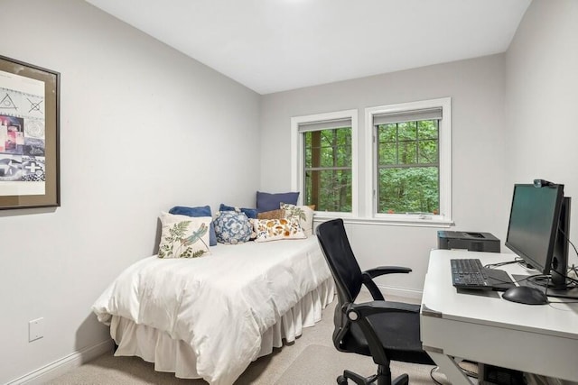 bedroom featuring light carpet