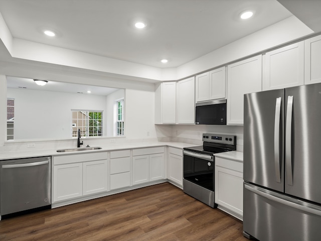 kitchen featuring sink, white cabinetry, dark hardwood / wood-style floors, and stainless steel appliances