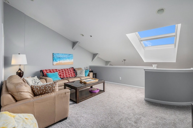 living room with carpet flooring and lofted ceiling with skylight