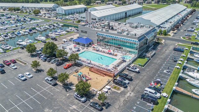 bird's eye view with a water view