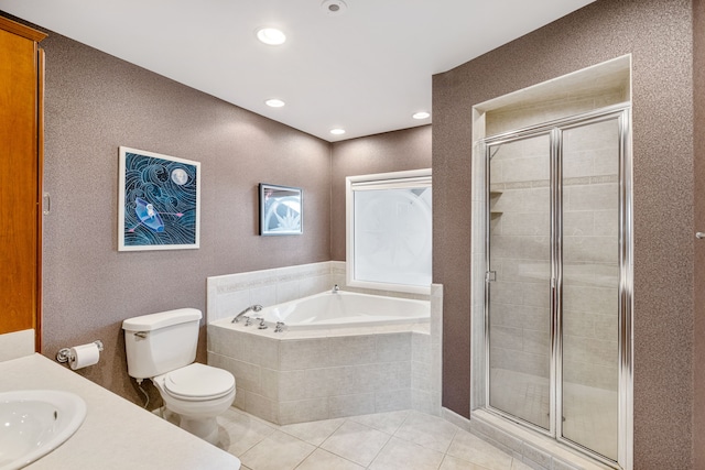 full bathroom featuring tile patterned floors, vanity, plus walk in shower, and toilet