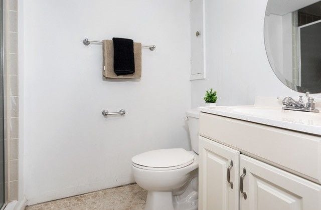 bathroom with vanity, an enclosed shower, and toilet