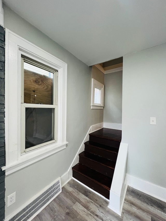 staircase featuring hardwood / wood-style floors