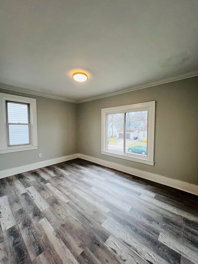 spare room with wood-type flooring and ornamental molding