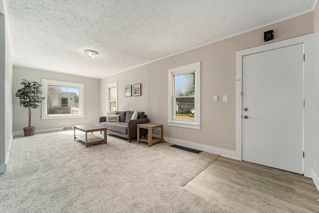 living room with carpet, a textured ceiling, and ornamental molding