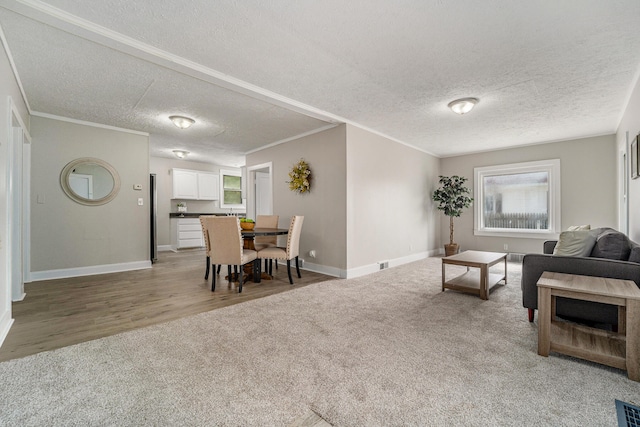 living room with a textured ceiling, hardwood / wood-style flooring, and crown molding