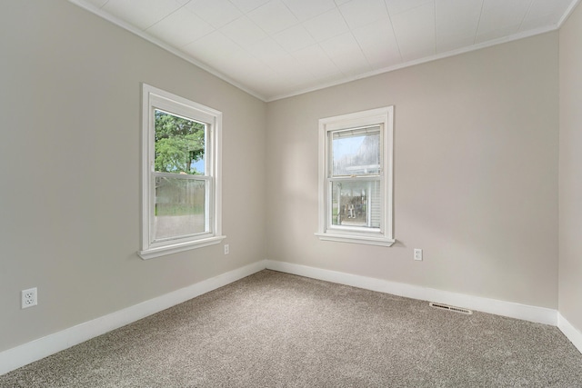 carpeted empty room featuring crown molding