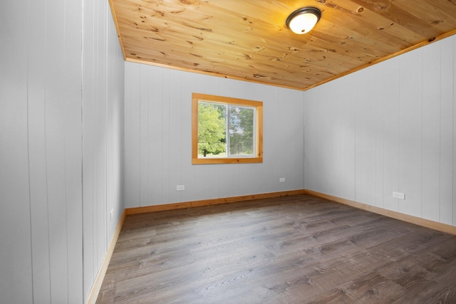 spare room featuring wood-type flooring, wooden ceiling, and wood walls