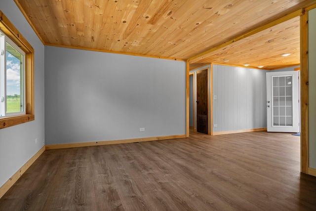 spare room with hardwood / wood-style floors, ornamental molding, and wooden ceiling