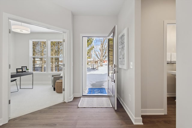 foyer entrance featuring baseboards and wood finished floors