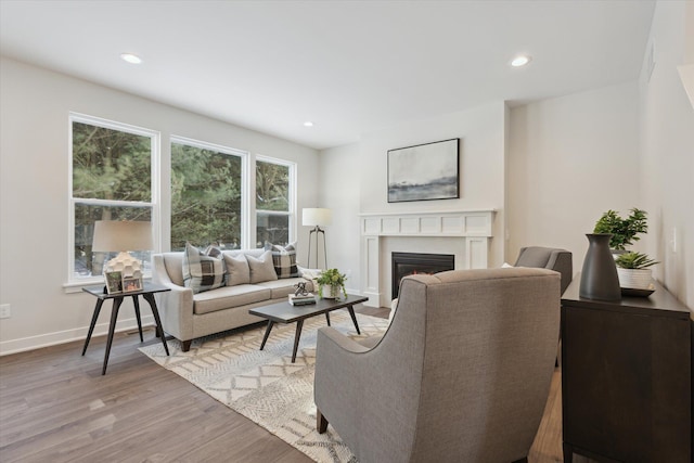 living room featuring recessed lighting, baseboards, wood finished floors, and a glass covered fireplace