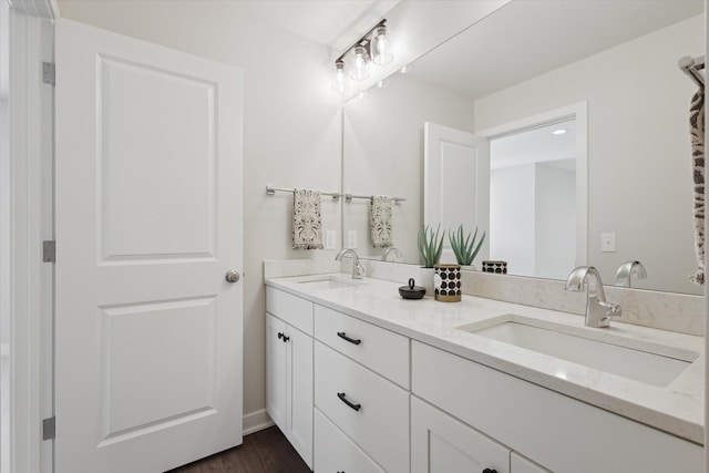 full bathroom featuring double vanity, wood finished floors, and a sink