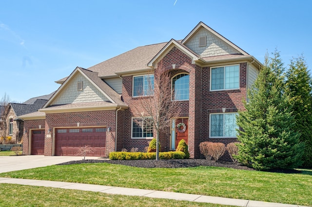 view of front of home with a shingled roof, a front lawn, driveway, brick siding, and a garage