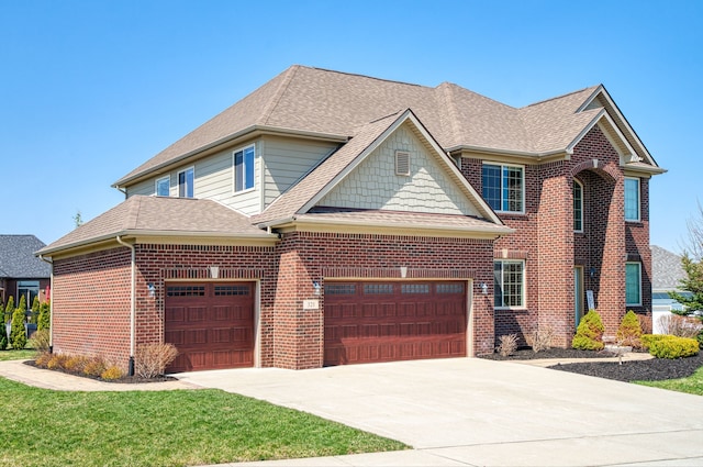 view of front of house featuring an attached garage, brick siding, roof with shingles, and driveway