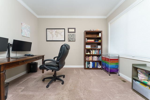 office with baseboards, carpet floors, and crown molding