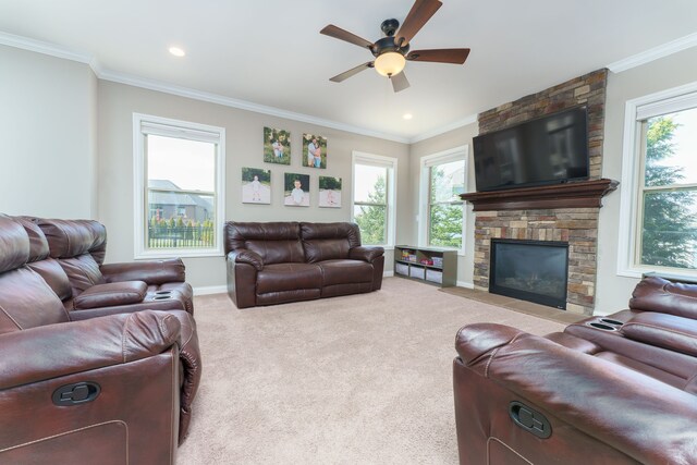 carpeted living area featuring ceiling fan, a wealth of natural light, crown molding, and a fireplace