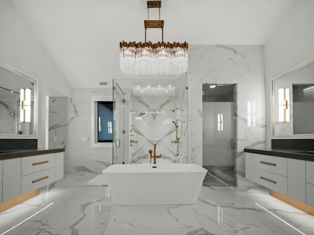 bathroom with shower with separate bathtub, vanity, tile walls, and a notable chandelier