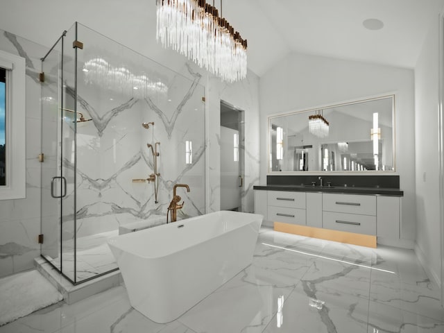 bathroom featuring a chandelier, shower with separate bathtub, vanity, and vaulted ceiling