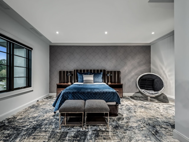 bedroom featuring carpet floors and ornamental molding