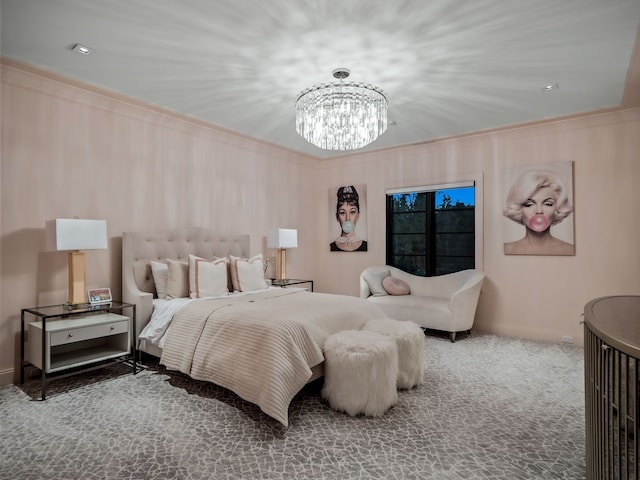 bedroom with carpet flooring, an inviting chandelier, and ornamental molding