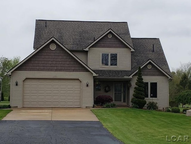 view of front of home featuring a garage and a front lawn