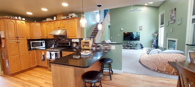 kitchen with decorative light fixtures, light wood-type flooring, kitchen peninsula, and appliances with stainless steel finishes