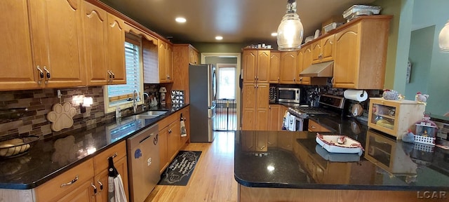 kitchen with decorative backsplash, stainless steel appliances, sink, light hardwood / wood-style floors, and hanging light fixtures