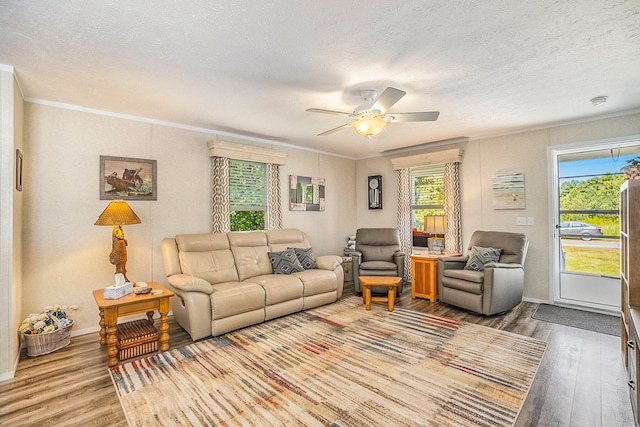 living room featuring a textured ceiling, a healthy amount of sunlight, wood-type flooring, and crown molding