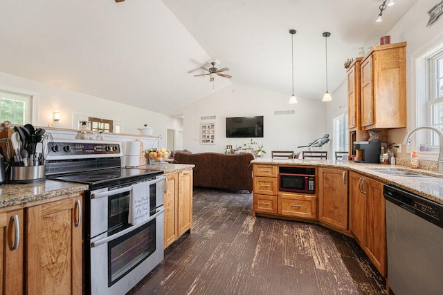 kitchen featuring stainless steel appliances, sink, dark hardwood / wood-style floors, hanging light fixtures, and lofted ceiling