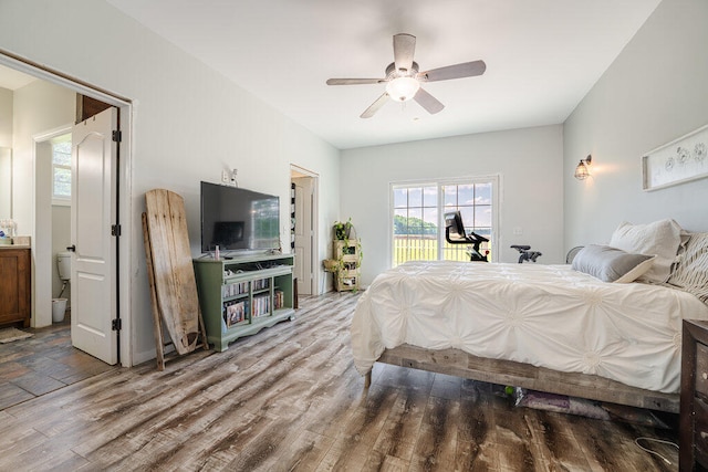 bedroom featuring wood-type flooring, access to outside, and ceiling fan