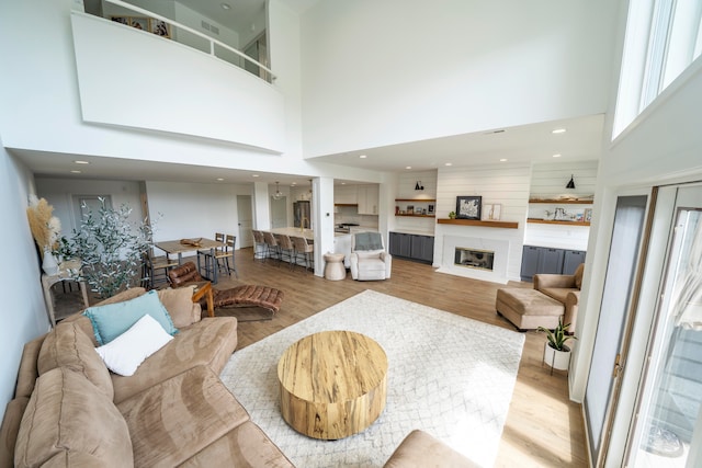 living room featuring a towering ceiling and light hardwood / wood-style flooring