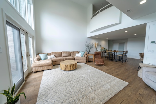 living room with hardwood / wood-style floors and a high ceiling