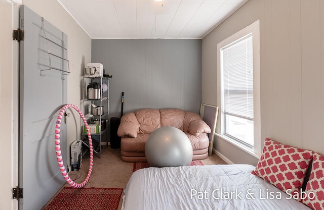 bedroom featuring light colored carpet and crown molding