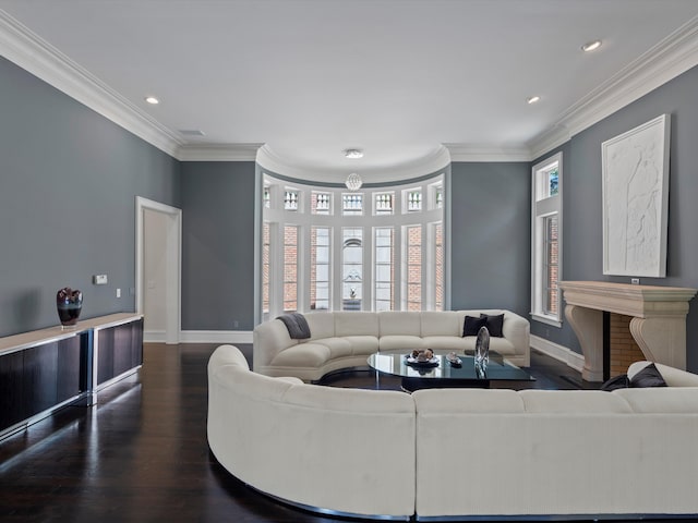 living room with a fireplace, dark hardwood / wood-style flooring, and ornamental molding