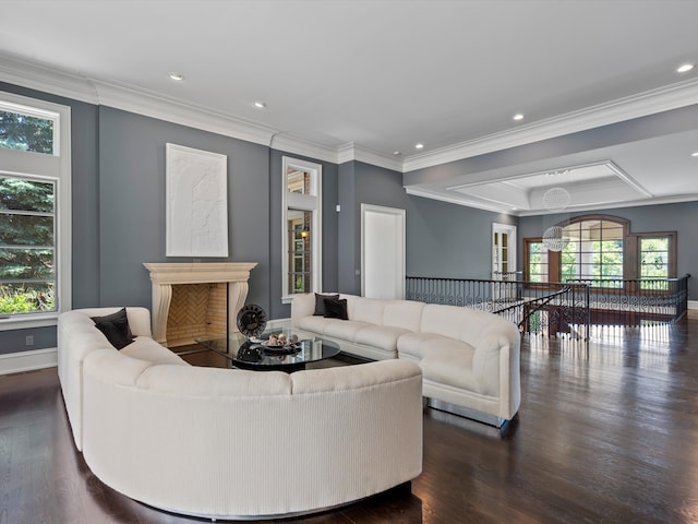 living room featuring dark hardwood / wood-style flooring and ornamental molding