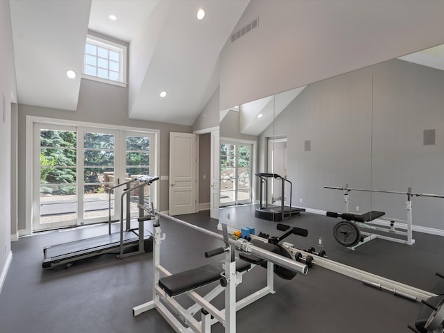 workout area with high vaulted ceiling