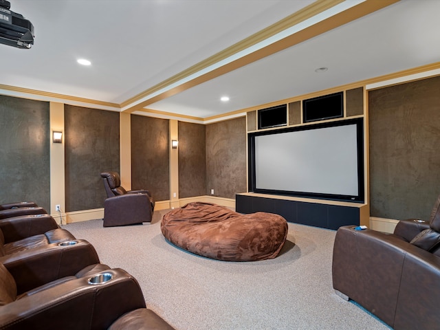 home theater room with carpet flooring and ornamental molding