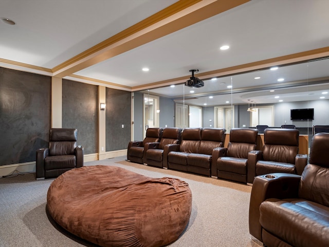 home theater with light carpet, ceiling fan, and crown molding