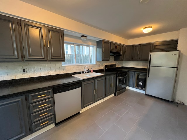 kitchen featuring tile patterned flooring, appliances with stainless steel finishes, sink, and backsplash