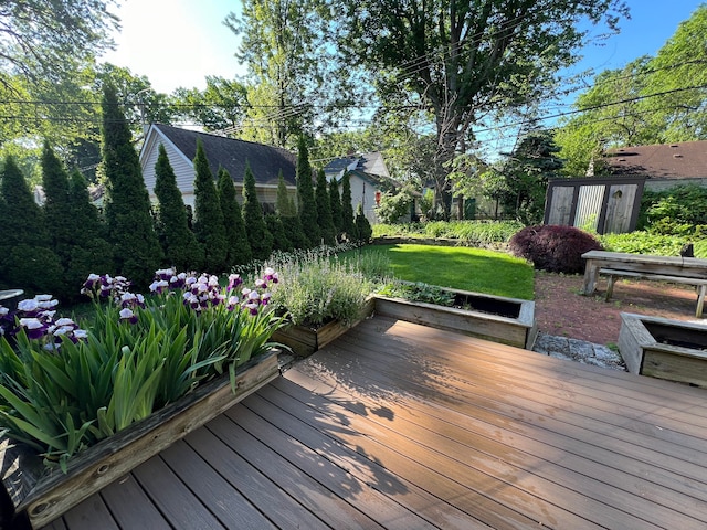 wooden terrace featuring a storage shed and a yard