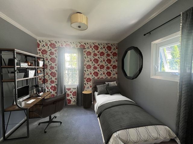 carpeted bedroom featuring multiple windows and crown molding