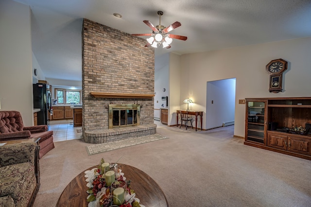 living room featuring a textured ceiling, ceiling fan, light carpet, and a brick fireplace